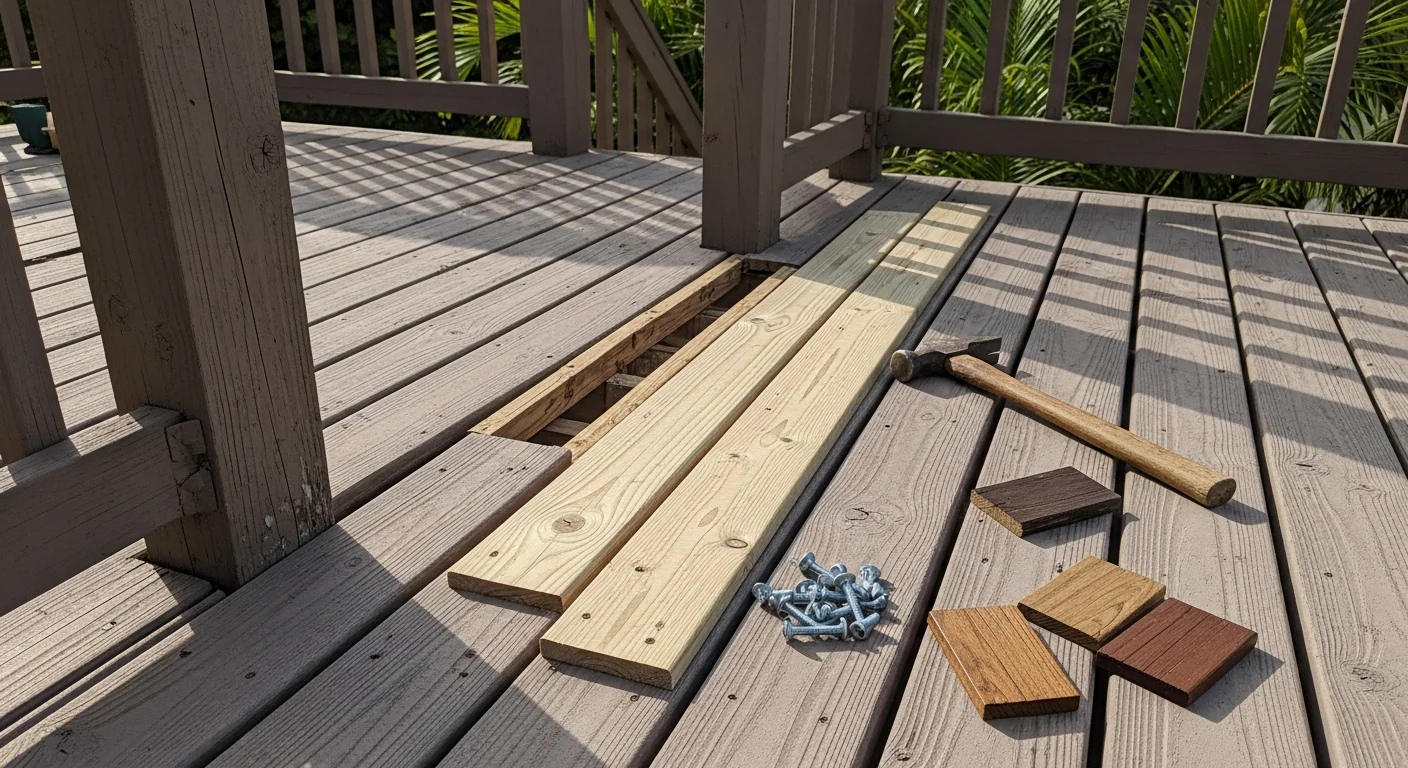 A repaired exterior wood deck with freshly replaced boards and re-secured railings, showing clean joinery and a sealed wood surface. The deck is attached to the rear of a residential home, with the surrounding yard visible in the background.