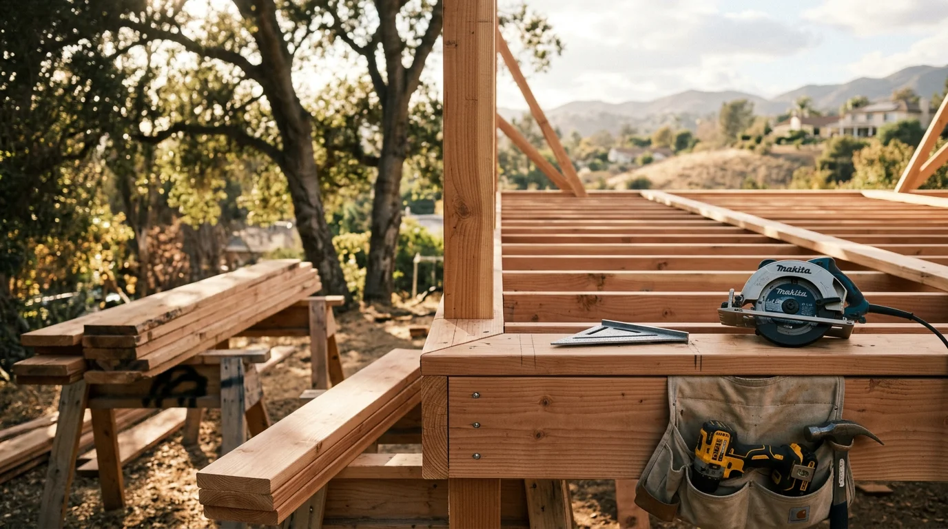 Custom exterior woodworking on a residential home in West Hills, CA 91307, showing hand-crafted wood trim and structural accents on an outdoor facade. The finished woodwork reflects clean joinery and a natural finish suited to the San Fernando Valley climate.