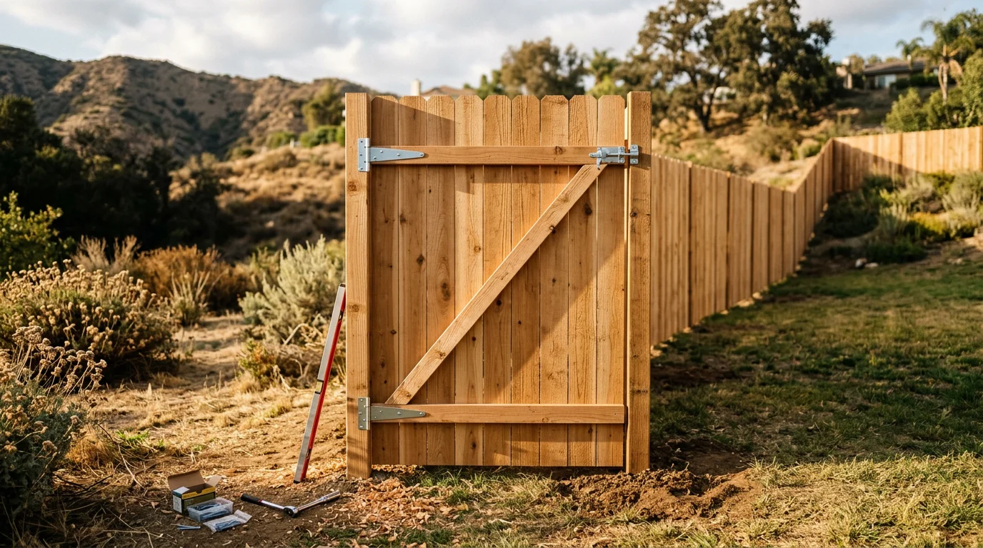 A custom wood fence gate installed by Olis Wood on a residential property in West Hills, CA 91307. The gate is framed and aligned with the surrounding wood fence on a single-family home lot.
