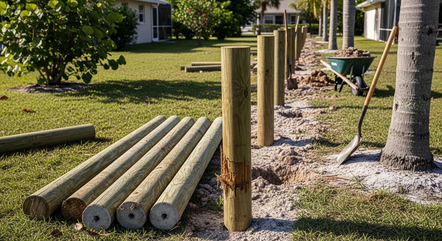 An Olis Wood crew member removing old wooden fence panels and concrete posts from a residential property, with the cleared fence line visible in the background. Debris is stacked and ready for hauling, leaving the yard open and level.