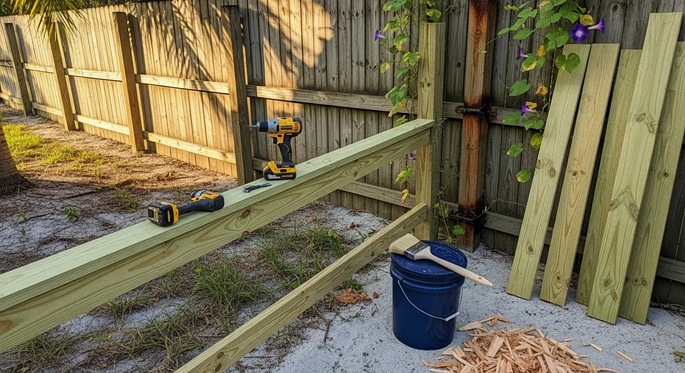 A repaired exterior wood privacy fence with freshly replaced boards and a straightened post, photographed from a residential backyard. The fence shows consistent board alignment and clean wood surfaces after professional repair work by Olis Wood.