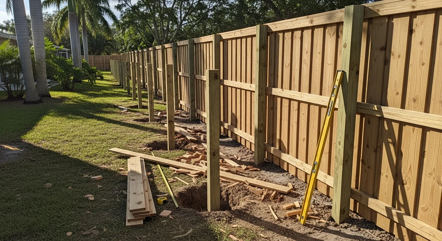 A newly installed wood fence on an exterior residential property, with straight posts set in concrete and clean-cut panels forming a solid boundary along the yard perimeter. The old fencing has been fully removed, leaving a finished, level fence line ready for use.