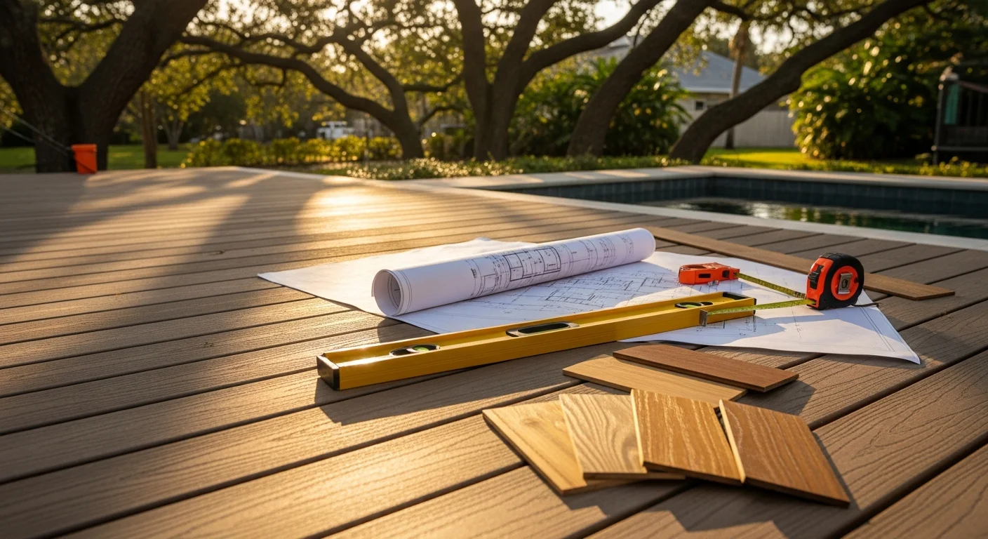 An Olis Wood patio builder reviewing a custom exterior woodworking layout plan with a homeowner in a backyard setting. The site shows an open ground-level space being assessed for a wood patio design consultation.