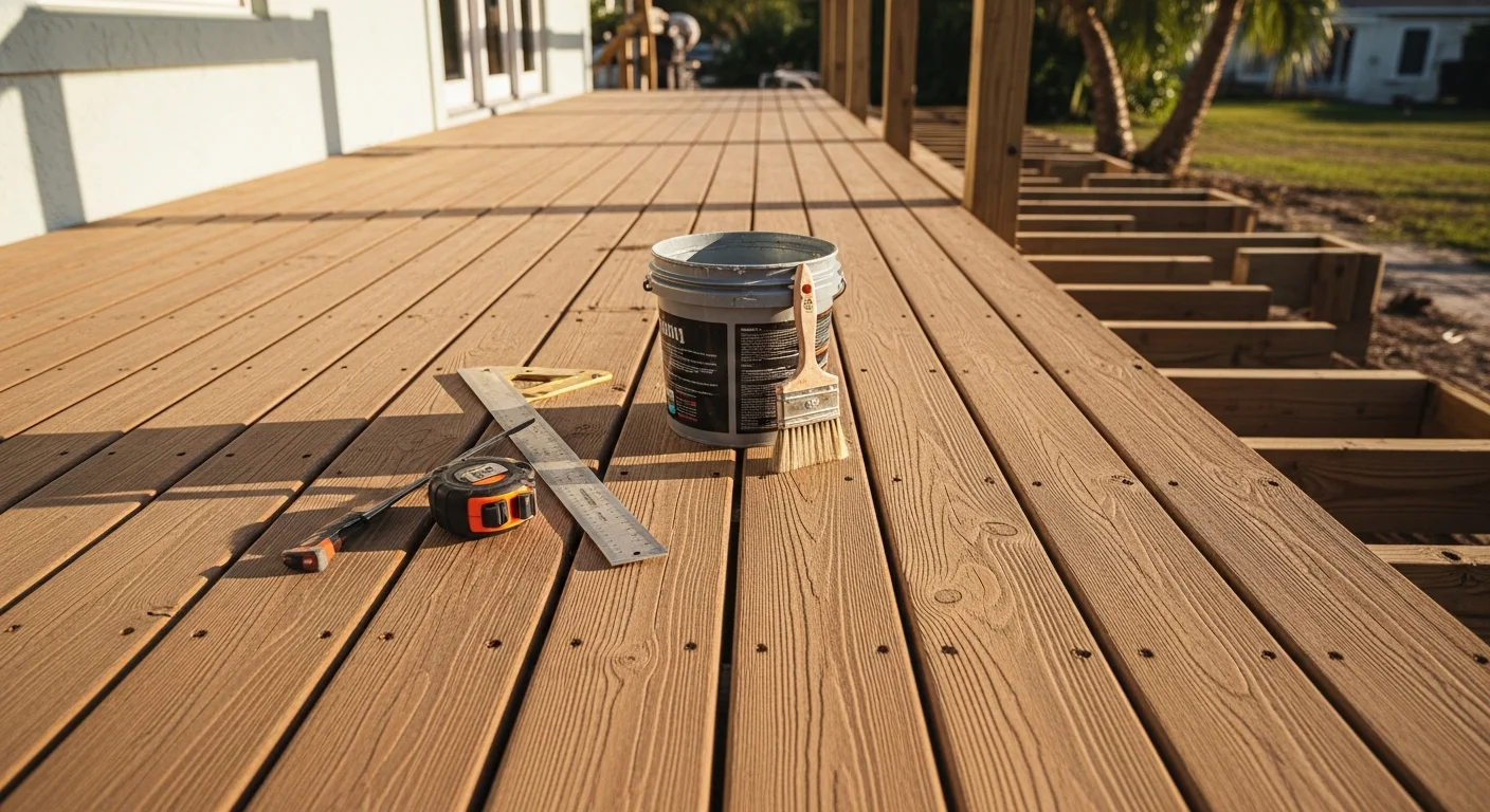 A freshly renovated exterior wood patio built by Olis Wood, showing clean decking boards, solid framing, and an open layout ready for outdoor furniture. The finished surface sits level against the home's exterior, with natural wood grain visible across the full patio area.