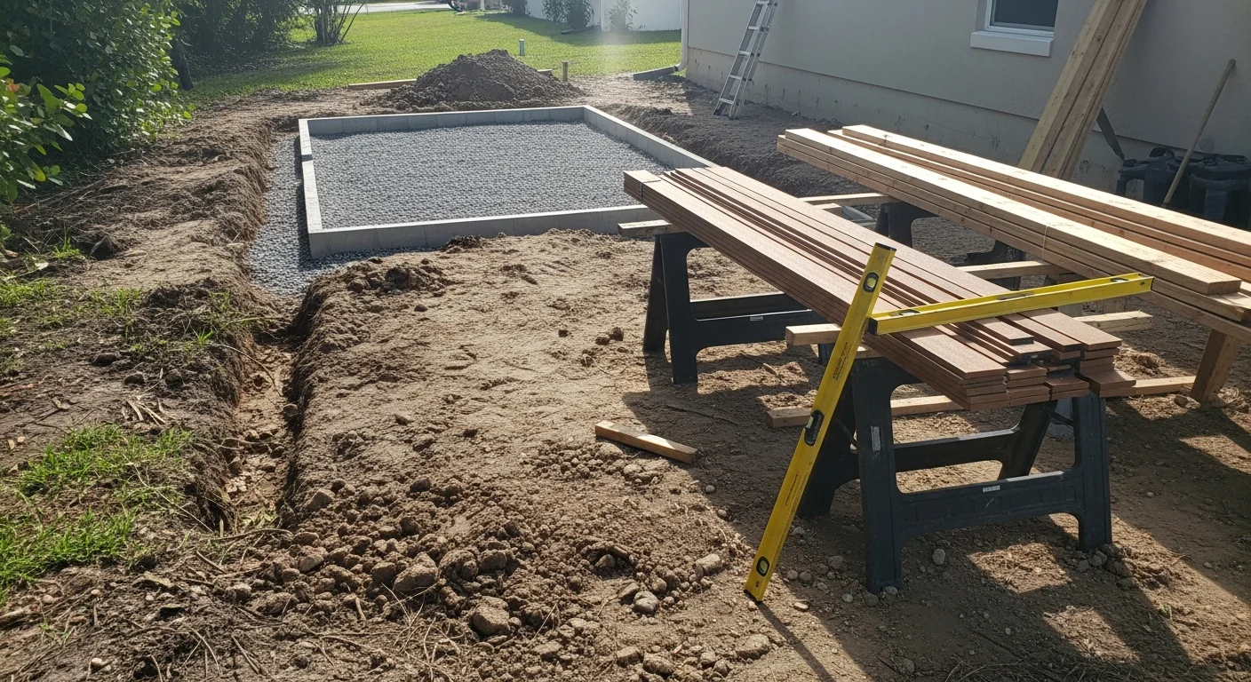 A newly completed wood patio replacement built by Olis Wood, showing clean framing, level decking boards, and a finished exterior structure attached to the back of a residential home. The surrounding yard is clear of debris from the old structure removal.
