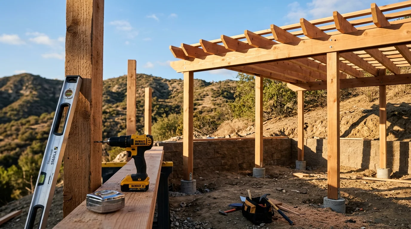 A custom wood pergola installed in a West Hills, CA backyard, showing open beam framing and post construction on a residential lot. The structure provides overhead shade coverage across an outdoor living area on a clear Southern California day.