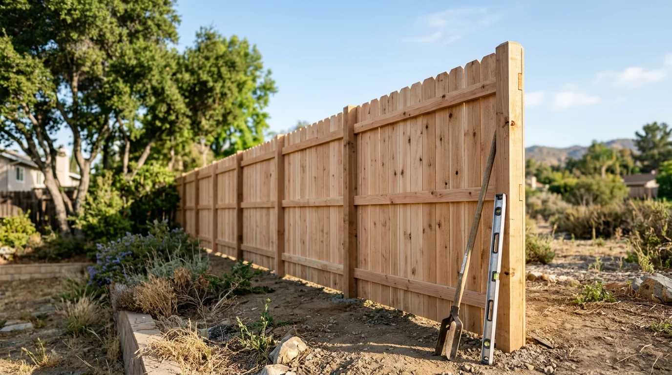 A tall custom wood privacy fence built by Olis Wood along the backyard perimeter of a single-family home in West Hills, CA 91307. The fence features evenly spaced vertical boards and solid post construction set against a Southern California residential yard.