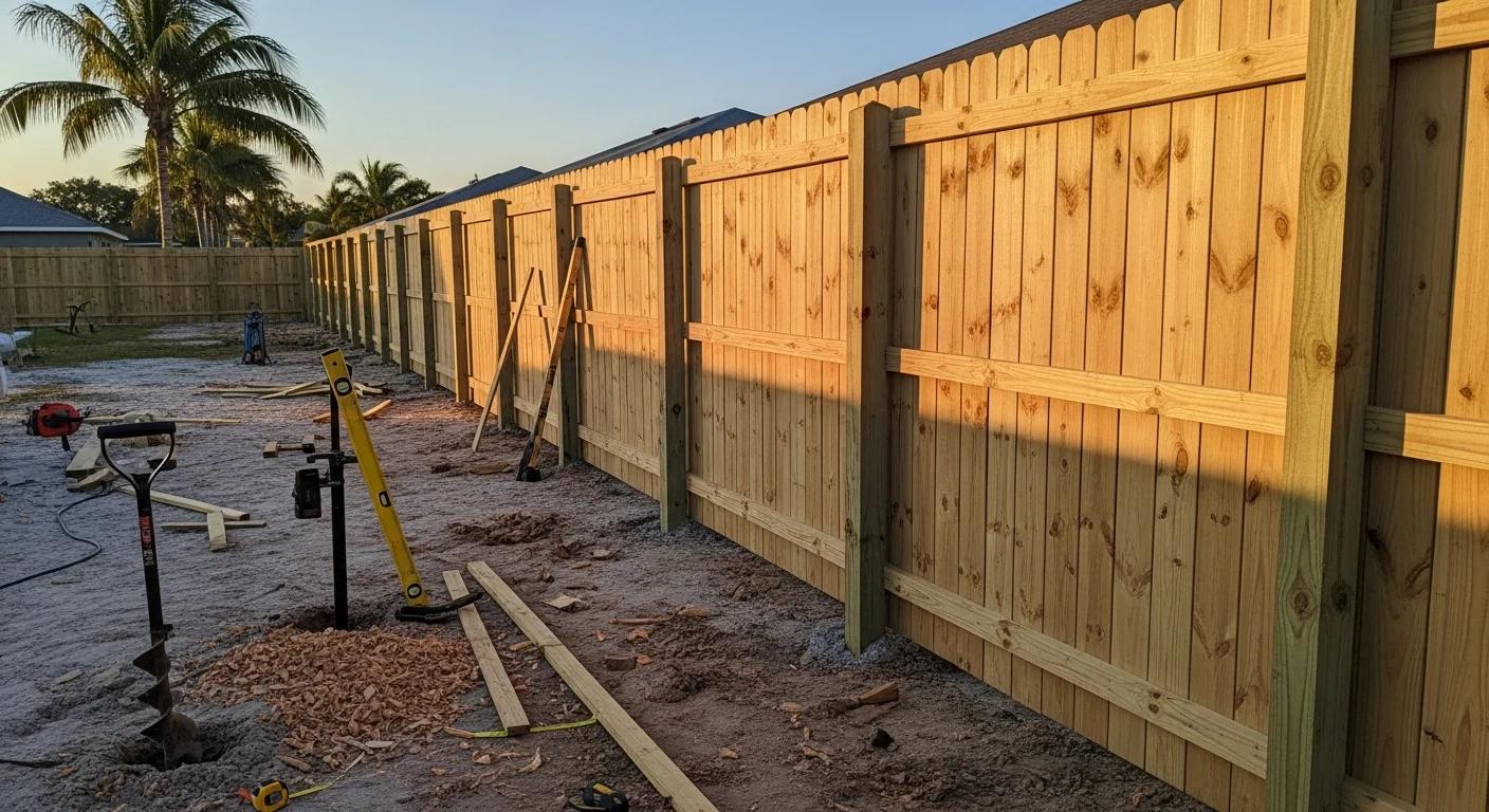 A newly installed wood privacy fence with evenly spaced boards and a matching gate along the backyard perimeter of a residential home. The fence is built by Olis Wood as part of an exterior woodworking project, with clean post lines and a natural wood finish.