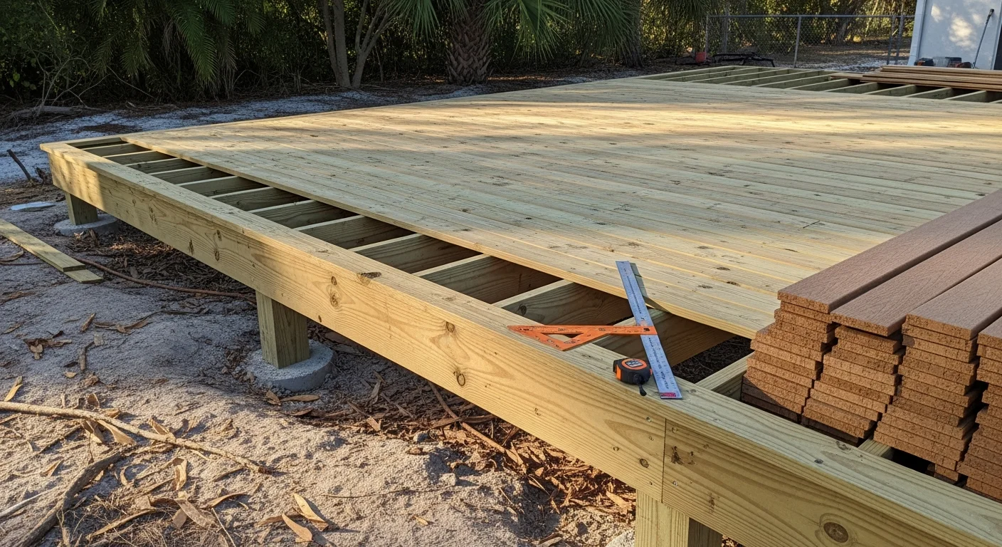 A finished custom wood patio built by Olis Wood, showing a ground-level hardwood deck with clean board lines and a natural wood finish in a residential backyard. The structure reflects exterior woodworking craftsmanship suited to outdoor use across varying weather conditions.